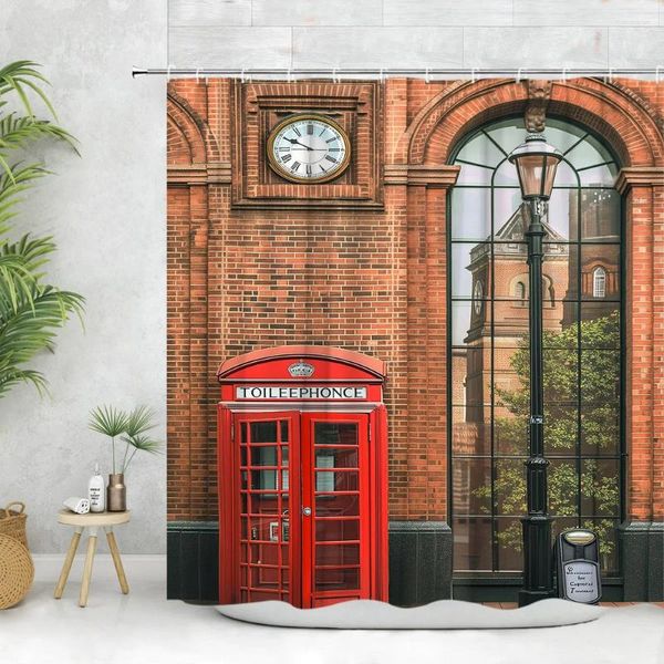 Rideaux de douche Rideau de bâtiment urbain Vintage Paris Tour Big Ben Street Paysage Rouge Cabine téléphonique Plante Fleur Polyester Salle de bain Décor