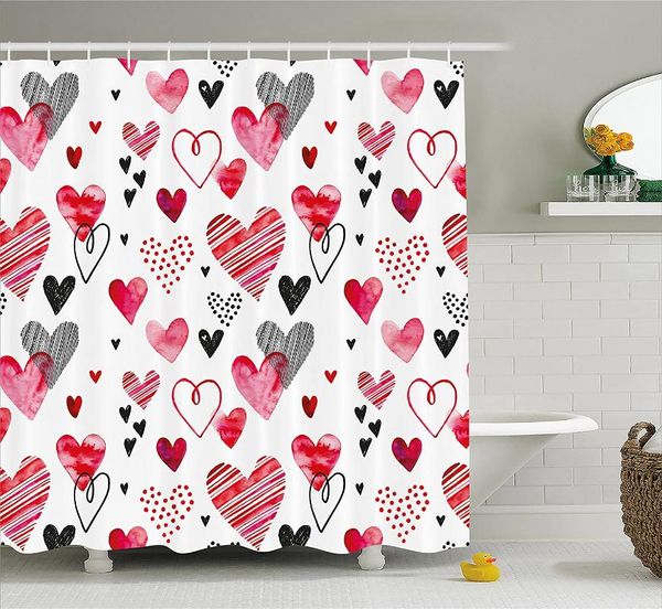 Cortinas de ducha Cortina de San Valentín Diferentes tipos de formas de corazón Tema de amor romántico Acuarela Rayas Arte Baño Decoración para el hogar