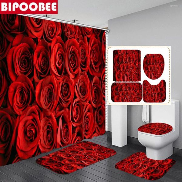 Rideaux de douche pour la Saint-Valentin de salle de bain décor de roses rouges motif avec crochets tapis de bain de bain piédestal