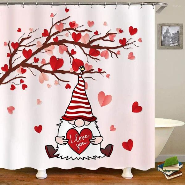 Rideaux de douche Saint Valentin Rideau de salle de bain Arbre et Gnome tenant des coeurs sur aquarelle rose printemps ensemble de bain en polyester imperméable