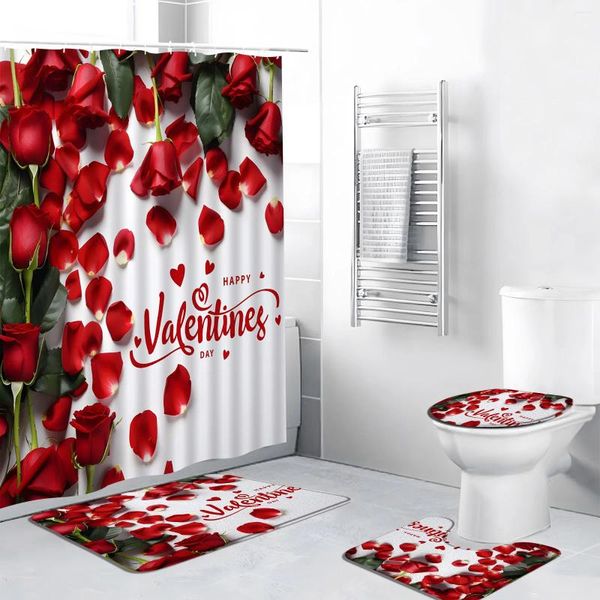 Rideaux de douche rideau de la Saint-Valentin Rose Rose Rose Romantique Verre à vin Verre de salle de bain Baignier de salle de bain Couvercle de toilette décor de décoration
