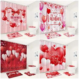 Rideaux de douche Ensemble de rideaux de Saint-Valentin Rose Rouge Coeur Ballon Femme Cadeau Salle de bain Décor Sol Tapis antidérapant Tapis de bain Couverture de couvercle de toilette