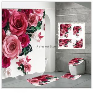 Rideaux de douche Saint Valentin Rouge Rose Fleur Rideau De Douche Imperméable Polyester Paysage Rideaux Salle De Bains Rideau De Douche Et Tapis Ensembles 230820