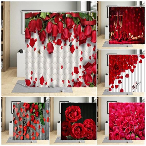 Rideaux de douche pour la Saint-Valentin Romantique Rose Rose Plant Fleurs de salle de bain décor de salle de bain rural salle de bain floral imperméable Hooks Tissu