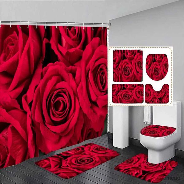 Cortinas de ducha Cortina de Dayhower de San Valentín Botella de perfume de rosa roja Camión Globo de amor Tablón de madera Alfombra de baño romántica Decoración de baño