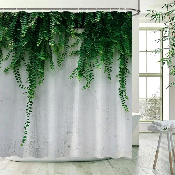 Rideaux de douche Feuilles de vigne Rideau Plante verte Feuille Gris Mur Printemps Floral Ensemble de bain Polyester Tissu Salle de bain Décor avec crochets