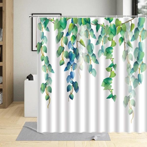 Cortinas de ducha Vines Hojas de acuarela Hoja verde Fondo blanco Impresión Moderno Nórdico Minimalista Decoración para el hogar Conjunto de cortinas de baño