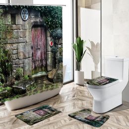 Rideaux de douche vintage antique ancienne porte en bois rideau country ferme grange en pierre murale piédestal tapis de toilette couverture de toilette de salle de bain décor