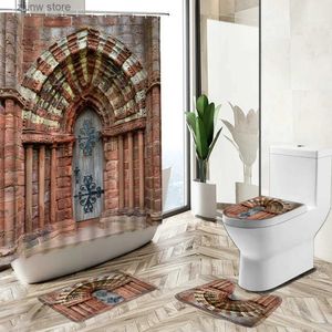 Rideaux de douche Vintage arqué rouge brique mur rideau de douche vieille porte en bois église européenne salle de bain tapis antidérapant couverture de toilette tapis de sol ensemble Y240316