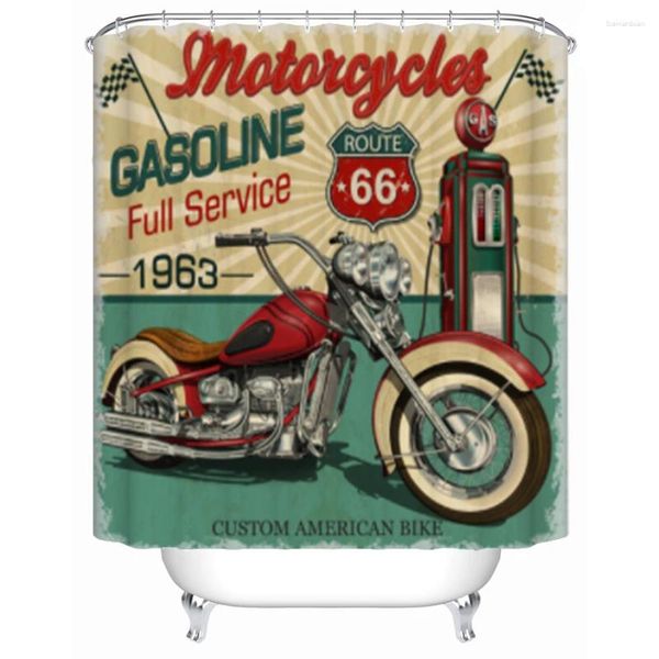 Cortinas de ducha Cortina Vintage Ruta de gasolina Impresión de motocicleta Classic Polyester Fabrics con gancho