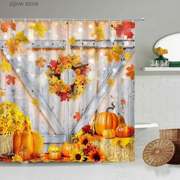 Cortinas de ducha Vintage Granja Granero Puerta de madera Cortinas de ducha Otoño Arce Calabaza Pajar Planta Girasol Flor Cortina de baño Decoración de baño Conjunto Y240316