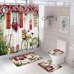 Rideaux de douche Ensemble de rideaux de vélo à fleurs vintage Rose Rose Mur floral Rustique Classique Tapis de salle de bain Tapis de bain antidérapant