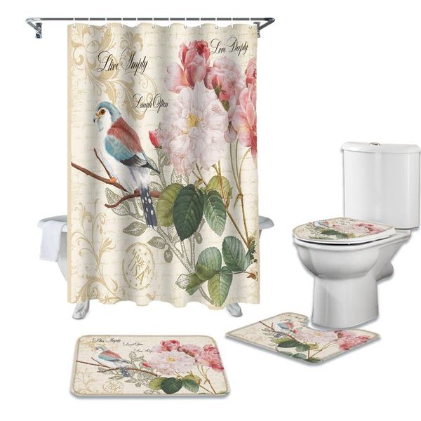 Rideaux de douche Vintage lettre oiseau Rose fleur rétro rideau tapis couverture toilette tapis de bain tapis ensemble salle de bain décor à la maison