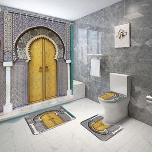 Douchegordijnen Vintage Marokkaans gordijn Boog deur geometrisch patroon toilet deksel anti-slip vloermat ingang gebouw badkamer decor