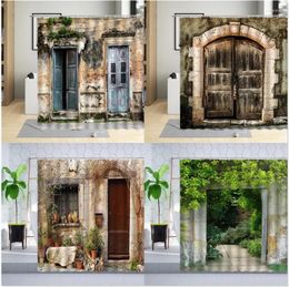 Rideaux de douche Vintage vieux rideau de porte en bois mur de pierre plante feuille verte décoration de la maison salle de bains ensembles suspendus crochet en polyester