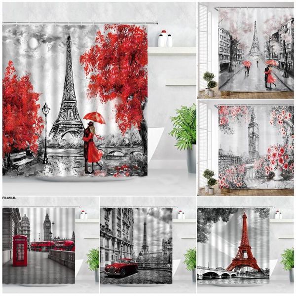 Cortinas de ducha Vintage París Torre Cortina Amantes románticos Londres Big Ben Cabina telefónica roja Baño Pintura al óleo Decoración artística