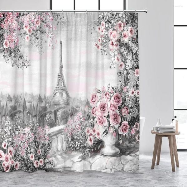 Rideaux de douche Vintage Paris tour rose Floral botanique ville encre Art paysage rideau de bain ensemble tissu salle de bain baignoire décor