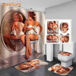 Douchegordijnen vintage pin up girl poster art retro print waterdicht gordijn en vloerkleed sets toiletkap badmat badkamer set