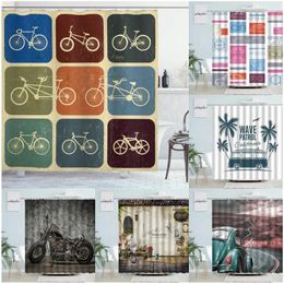 Douchegordijnen Vintage Retro Afbeelding Collage Fietsen Abstract Patroon Gekleurde Stof Badkamer Decor Met Haken Zacht Beige