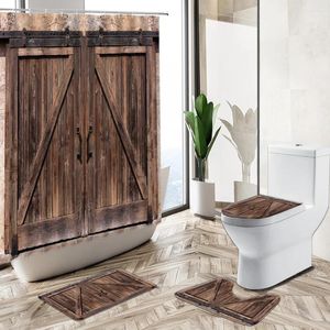 Douchegordijnen Vintage Retro Oude houten deur Gordijn Country Barmhouse Barn Board Badkamer Deco Set Non-Slip Rug Toilet Cover Bath Mat