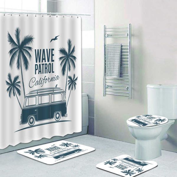 Cortinas de ducha Vintage Retro Surf Van con Palm Baño Juego de cortinas de ducha Vacaciones de verano Coche Autobús Playa Camper Alfombrillas de baño Alfombras Decoración para el hogar RegaloHKD230626