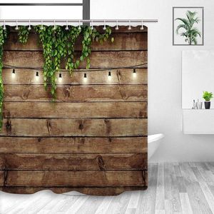 Rideaux de douche Vintage rustique planche de bois rideau de porte feuilles vertes sur ferme pays planche de bois Polyester tissu salle de bain