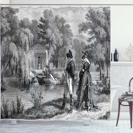 Douchegordijnen Vintage Douchegordijn Historische Franse Revolutie Schets met Napoleon en Vrouw in Tuin Kunstwerk Badkamergordijn met Haken 230920