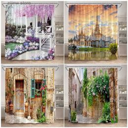 Rideaux de douche Vintage ville rue paysage rideaux de douche vieille porte en bois fleurs plantes jardin tenture murale moderne maison salle de bain décor crochets Y240316