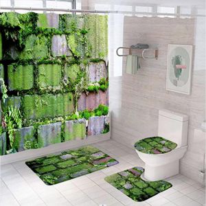 Douche gordijnen vintage muur bakstenen gordijn sets groene mos tuin architectuur kunst badkamer decor scherm bad mat tapijt tapijt toilet cover