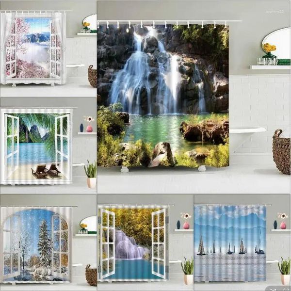 Rideaux de douche vintage rideau de fenêtre naturel paysage forêt cascade marine ferme hiver printemps animaux oiseaux décor de salle de bain tissu