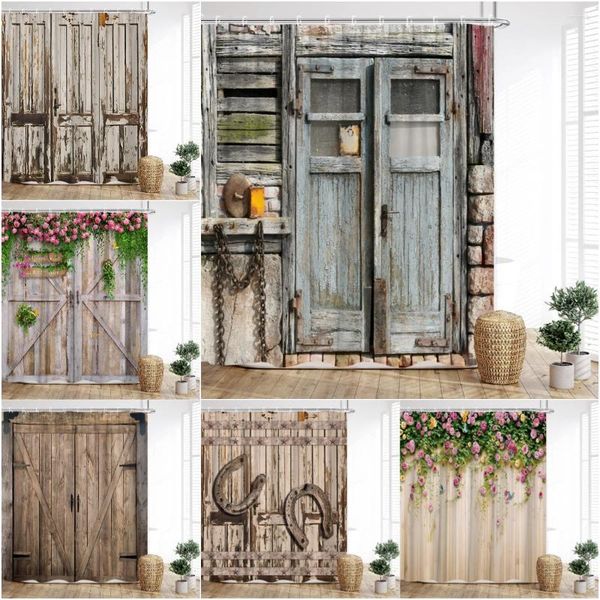 Cortinas de ducha Cortina de puerta de madera vintage Granja Granero Floral Primavera Pared de ladrillo Hoja verde Herradura Decoración de baño rústica con ganchos