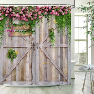 Courteaux de douche Porte en bois vintage Rose Fleurs de rose papillon feuilles vertes plante jardin mur suspendu décor de salle de bain avec crochets