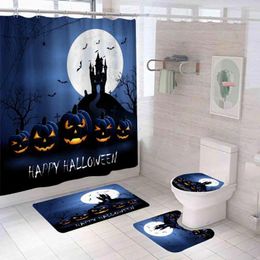 Douchegordijnen muurdecor spookachtige badkamerset Halloween kasteel pompoengordijn met niet-slip tapijten toilet deksel deksel badmat el el