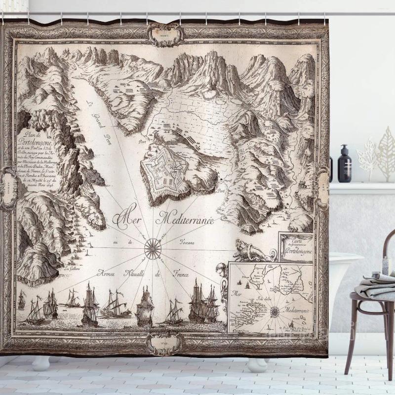 シャワーカーテンワンダーラストカーテンヴィンテージスタイルの国と王国の古い地図地理的場所アートバスルームの装飾