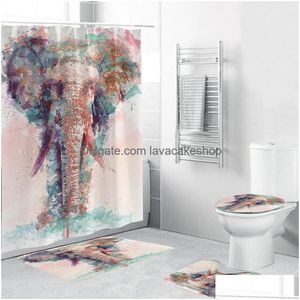 Douchegordijnen Water Kleur Olifant Gordijn Polyester 4 -delige badkamerset Tapijt Er Toilet Bad Mat Kussen voor Home Decor T200711 Dro Ottxs