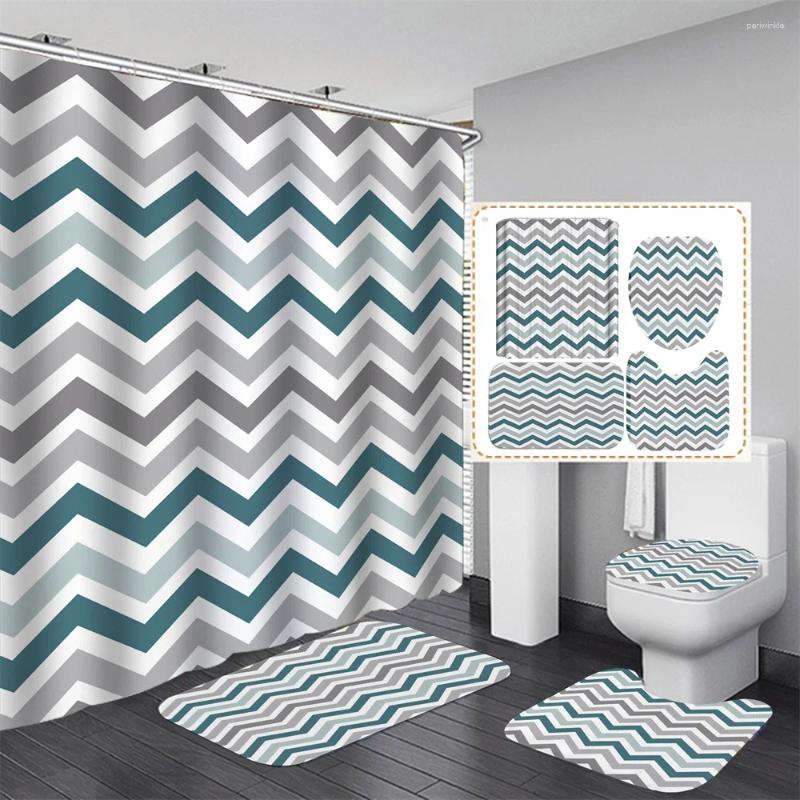 Shower Curtains Water Stripe Fabric Curtain Set Design Bathroom Non-slip Mat Decoration U-shaped