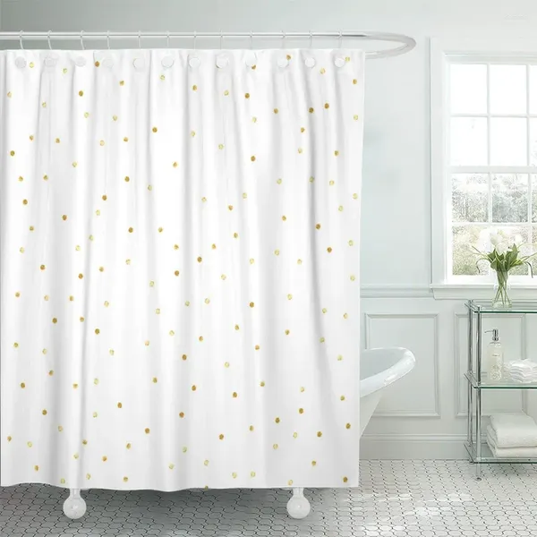 Cortinas de ducha Círculo de acuarela Confeti Lunares dorados Amarillo Redondo Cortina blanca Impermeable 60 x 72 pulgadas Conjunto con ganchos