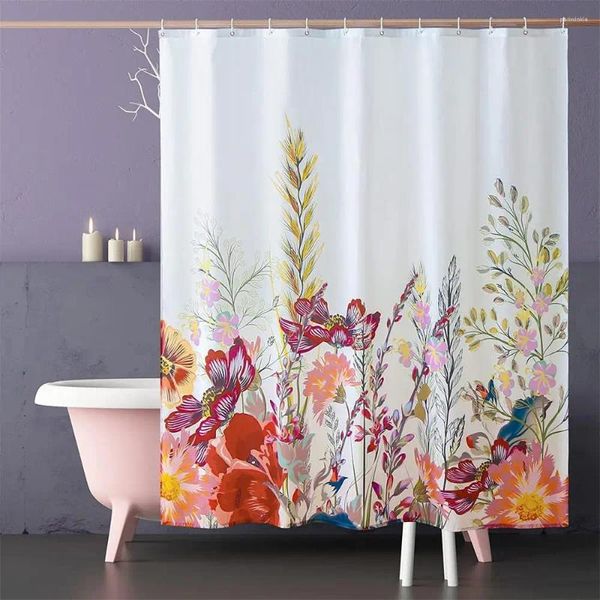 Cortinas de ducha Cortina de flores de acuarela Patrón floral único con ganchos Decoración de baño de tela impermeable