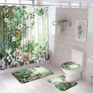 Douche gordijnen aquarel bloemgroene jungle gordijn set bloembladen vintage plantenbladeren badkamer decor scherm tapijtwagend deksel deksel dekmat badmat