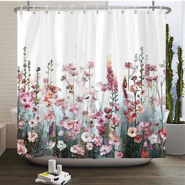 Cortinas de ducha Acuarela Flores Cortina Baño Arte Floral Chica Tela impermeable Decoración de la habitación del baño con ganchos