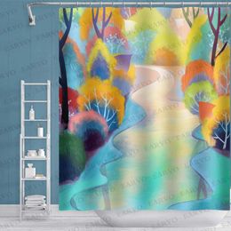 Rideaux De Douche Aquarelle Illustration Rideau Coloré Forest Creek Motif Avec Crochets Salle De Bains Étanche Polyester AccessoiresDécor