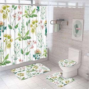 Rideaux de douche Aquarelle Plante Floral Rideau Ensemble Pays Fleur Sauvage Feuilles Salle De Bains Décor Écran Tapis De Bain Antidérapant Tapis De Toilette Tapis