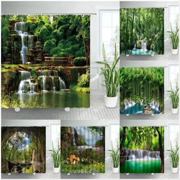 Rideaux de douche cascade de salle de bain Spring Forest Park Curtain Green Bamboo Nature Landscape étanche Fabric de baignoire en tissu de maison