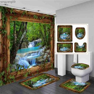Rideaux de douche Cascade forêt paysage imprimé rideau de douche salle de bain rideaux ensemble antidérapant tapis couvercle couverture tapis de bain tapis décor à la maison R230822