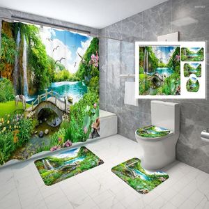 Douchegordijnen waterval boslandschap gordijn set niet-slip vloerkleed toiletkap bad mat bamboe bergplanten bloemen badkamer