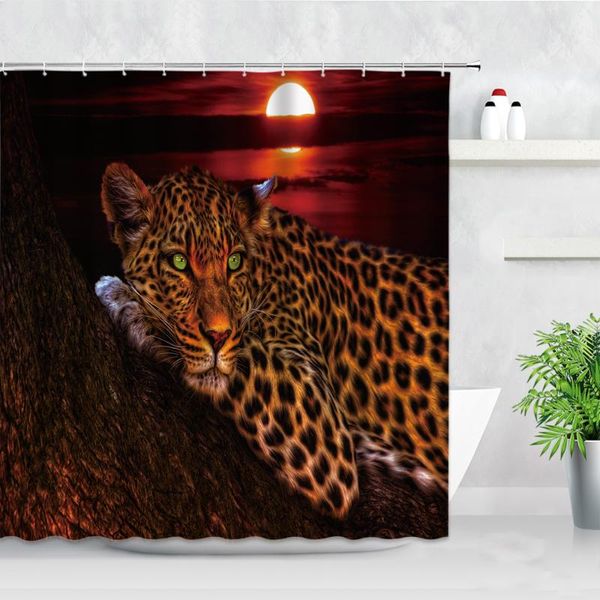 Cortinas de ducha Conjunto de cortina de baño impermeable 3D Luna Leopardo Patrón Impresión Moderna Decoración para el hogar Pantallas Tela Baño