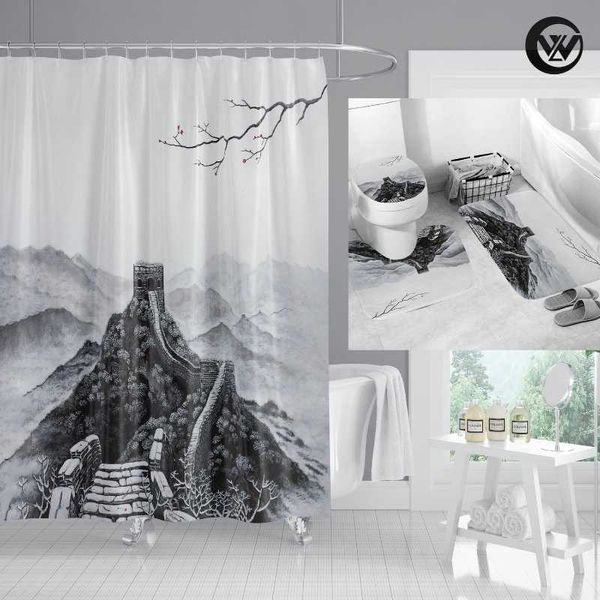 Rideaux de douche imperméable baignoire rideau tapis tapis de bain grande muraille de chine paysage croquis toilette tapis décor à la maison