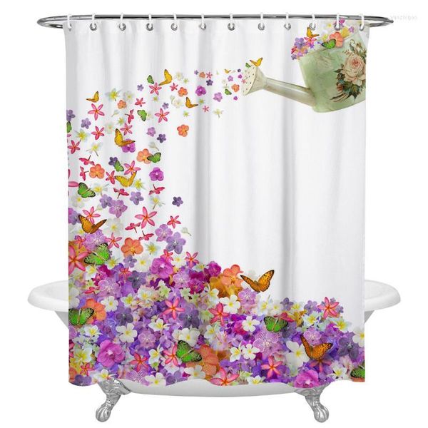 Cortinas de ducha impermeable mariposa flores hervidor acuarela pintura cortina Frabic poliéster baño decoración