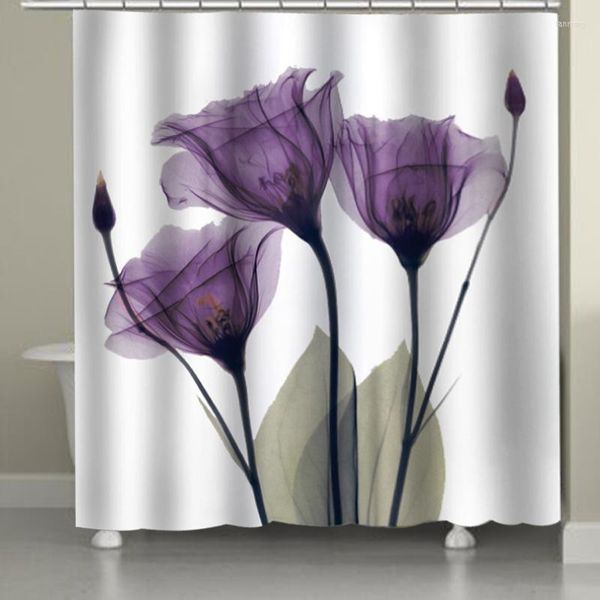 Cortinas de ducha Cortina impermeable Colorido Tulipán Flores de loto Patrón de árboles Baño de tela de poliéster 3D con HookShower