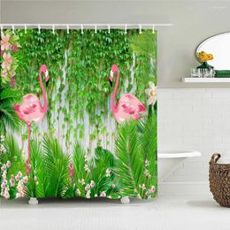 Rideaux de douche Rideau imperméable pour salle de bain Plantes tropicales Flamingo Bath Impression Tissu Décor d'écran avec 12 crochets